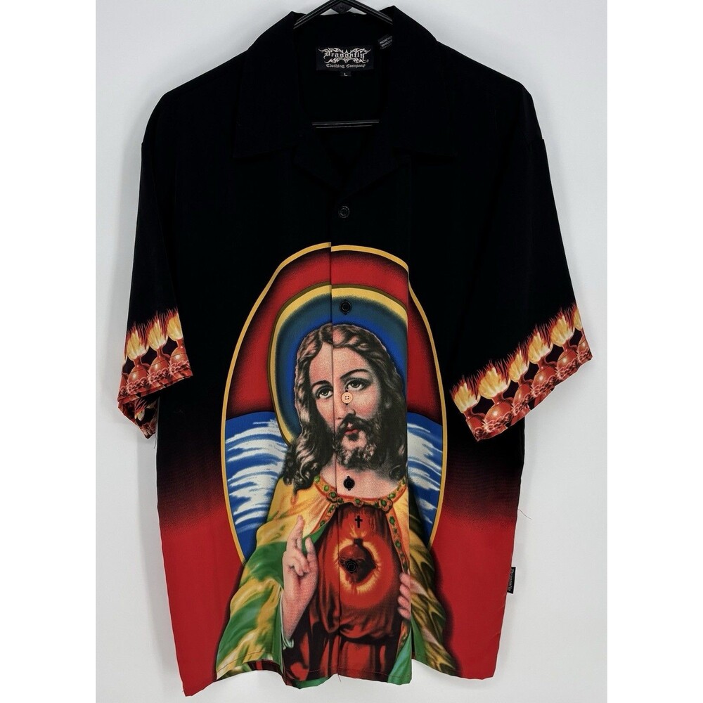 Vintage Y2K Dragonfly Jesus Sacred Heart Shirt Men’s L Black Red Button Up NWOT